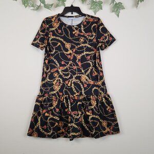 ZARA Size S Black Gold Chain Print Ruffle Hem Short Sleeve Women's Dress